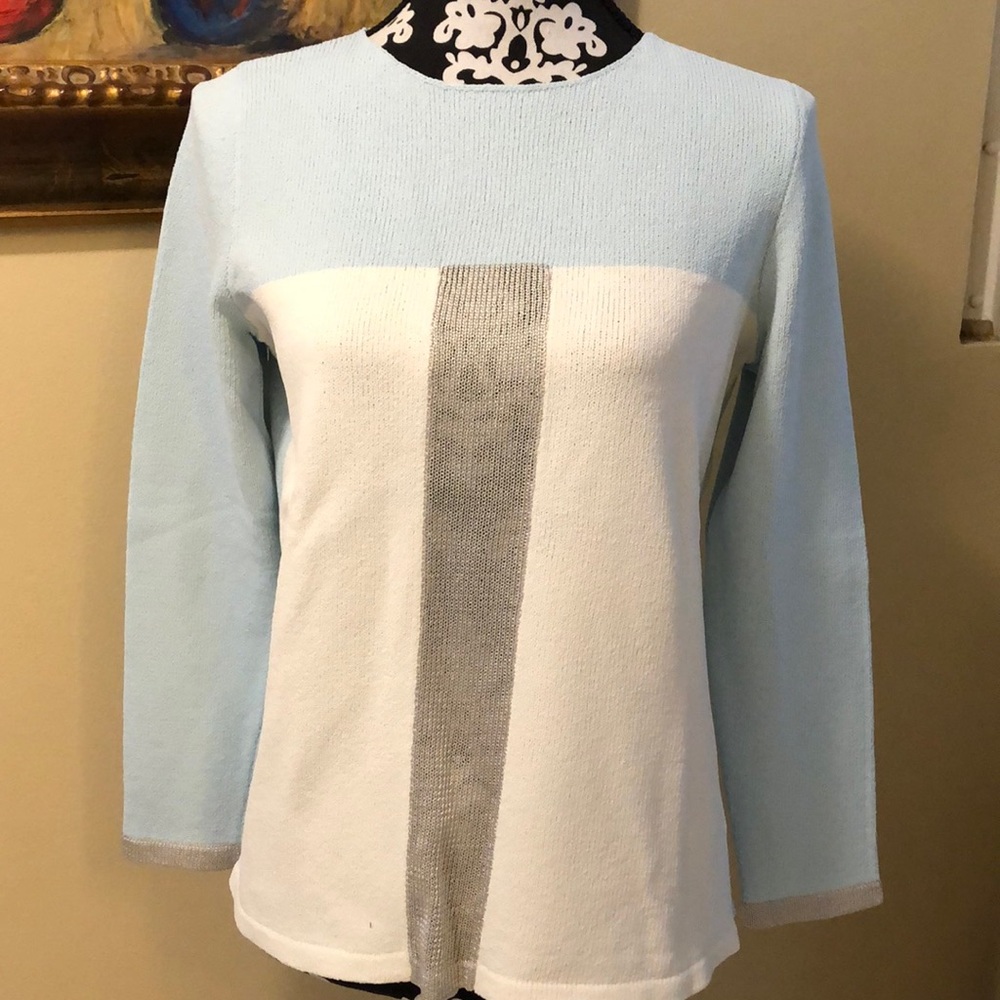 Sportsworks Studio cool blue, creamy white, metallic silver long sleeved sweater